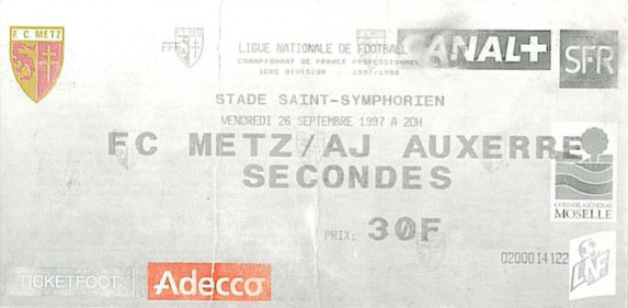 26 sept. 1997: FC Metz - AJ Auxerre - 9ème Journée - Championnat de France (3/0 - 18.598 spect.)