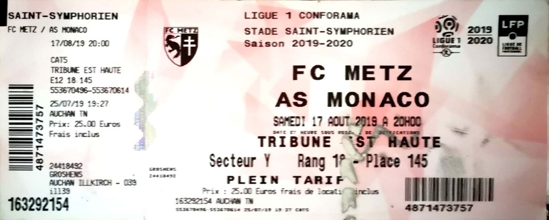 17 août 2019: FC Metz - AS Monaco - 2ème journée - Championnat de France (3/0)
