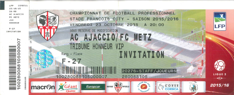23 oct. 2015: AC Ajaccio - FC Metz - 12ème journée - Championnat de France (0/1)