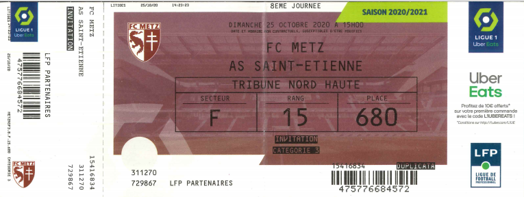 25 octobre 2020: FC Metz - AS Saint-Etienne - 8ème journée - Championnat de France (2/0)