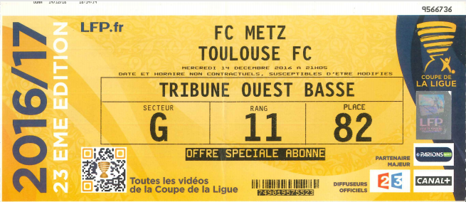 14 déc. 2016: FC Metz - Toulouse FC  - 1/8 Coupe de la Ligue (1/1 - 11 tab 10)