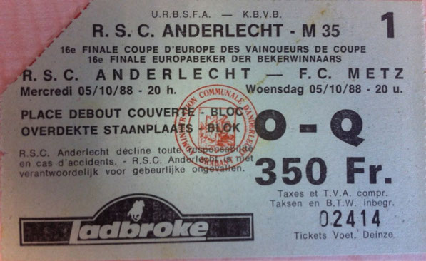 5 oct. 1988: RSC Anderlecht - FC Metz - 1/32ème Finale Retour Coupe d'Europe des Vainqueurs de Coupe (2/0 - 10.000 spect.)