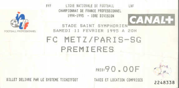 11 févr. 1995: FC Metz - Paris SG - 26ème Journée - Championnat de France (2/0)