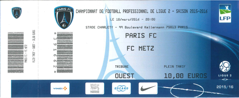 18 mars 2016: ParisFC - FC Metz - 31ème journée - Championnat de France (1/2 - 3 216 spect.)