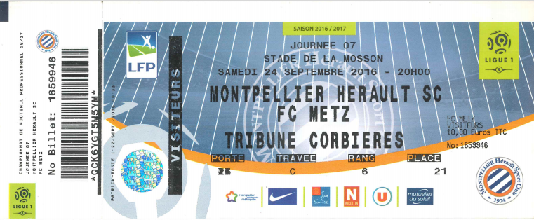 24 sept. 2016: Montpellier HSC - FC Metz - 7ème journée - Championnat de France (0/1)