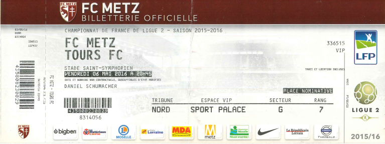 6 mai 2016: FC Metz - Tours FC - 37ème journée - Championnat de France (2/1 - 25 003 spect.)