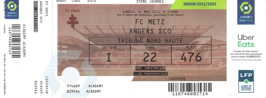 14 mai 2022 : FC Metz - Angers SCO - 37ème journée - Championnat de France (1/0 - 17 213 spect.)