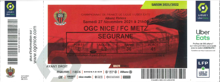 27 nov. 2021 : OGC Nice - FC Metz - 15ème journée - Championnat de France (0/1 - 17 033 spect.)