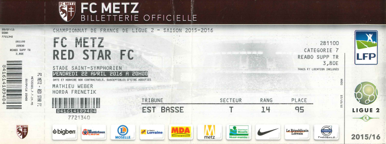 22 avr. 2016: FC Metz - Red Star FC - 35ème journée - Championnat de France (2/0 - 15 375 spect.)