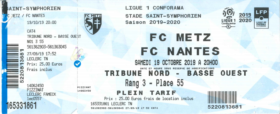19 octobre 2019: FC Metz - FC Nantes - 10ème journée - Championnat de France (1/0)