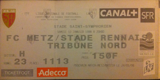 10 janv. 1998: FC Metz - Stade Rennais - 22ème Journée - Championnat de France (1/0 - 13.971 spect.)