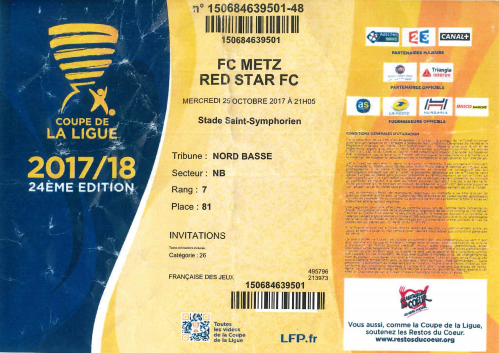 25 oct. 2017: FC Metz - Red Star FC - 1/16ème finale - Championnat de la Ligue (1/0)