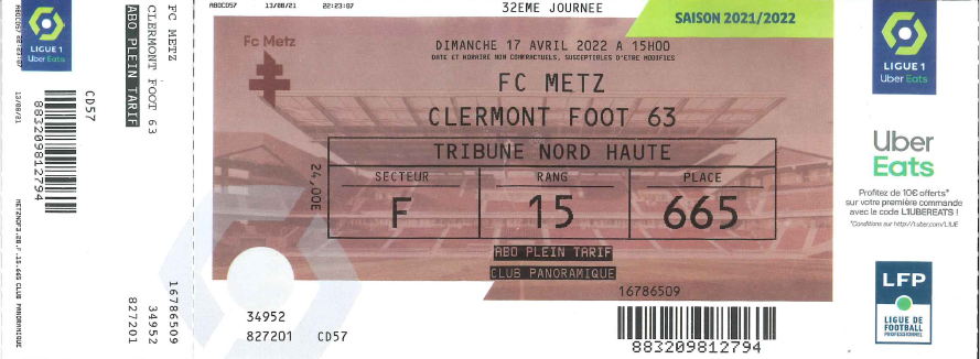 17 avril 2022 : FC Metz - Clermont Foot - 32ème journée - Championnat de France (1/1 - 14 335 spect.)
