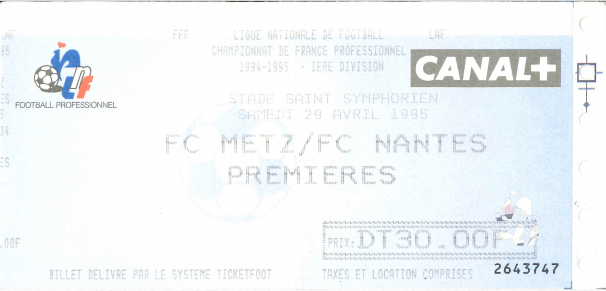 29 avr. 1995: FC Metz - FC Nantes Atlantique - 34ème Journée - Championnat de France (0/2)