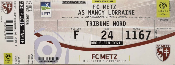 29 avril 2017: FC Metz - AS Nancy Lorraine - 35ème journée - Championnat de France (2/1)