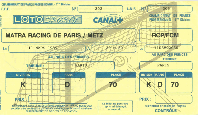 11 mars 1989: Matra Racing - FC Metz- 29ème journée - Championnat de France (1/4)