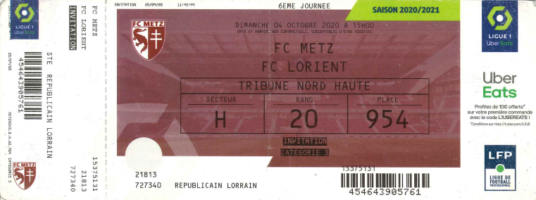 04 oct. 2020: FC Metz - FC Lorient - 6ème journée - Championnat de France (3/1)