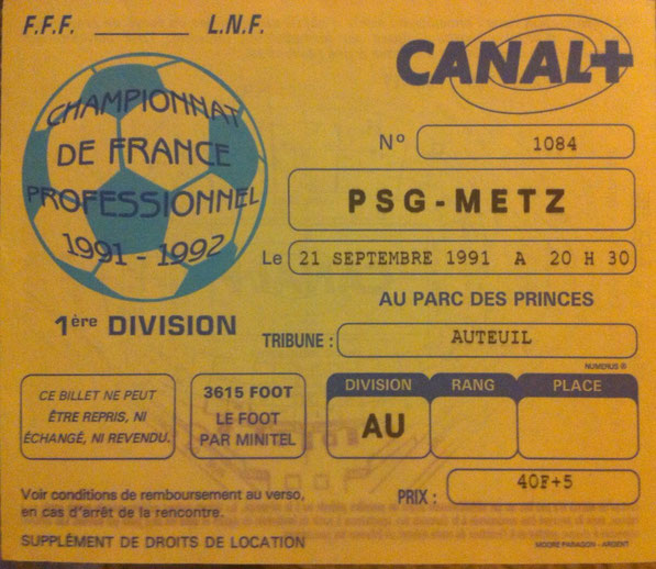 21 sept. 1991: Paris SG - FC Metz - 11ème Journée - Championnat de France (3/0 - 33.494 spect.)