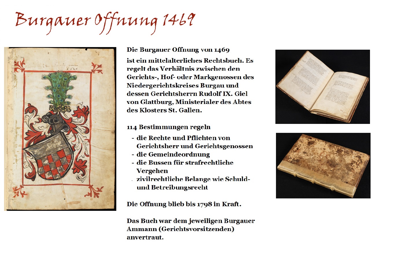 Einband und Einblick in die Burgauer Offnung von 1469, mit dem Wappen der Gielen, eine der reichhaltigsten mittelalterlichen Rechtsquellen> www.e-codices.ch