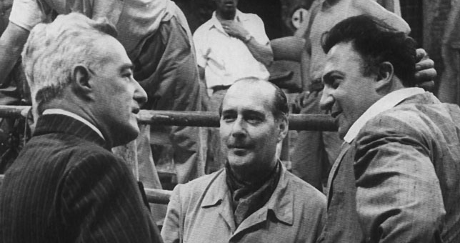 Da sinistra: Vittorio De Sica, Roberto Rossellini e Federico Fellini