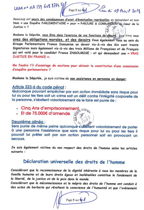 Ma lettre recommandée du 02 Octobre 2018 N° 1A 143 316 6265 3  adressée à Madame Barbara POMPILI Députée de la Somme NON ASSISTANCE A PERSONNE EN DANGER www.jesuispatrick.fr www.jesuisvictime.fr www.jenesuispasunchien.fr