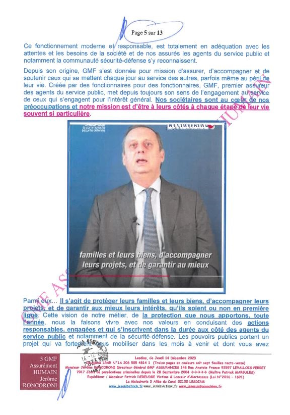 7d)NON ASSISTANCE A PERSONNES EN DANGER 5 sur 13 GMF ASSURANCES ASSURÉMENT HUMAIN !!! NON ASSISTANCE A PERSONNES EN DANGER Ma 2ème LRAR du 14 Décembre 2023 adressée en vain  à Monsieur Eric RONCORONI le Directeur Général de GMF ASSURANCES