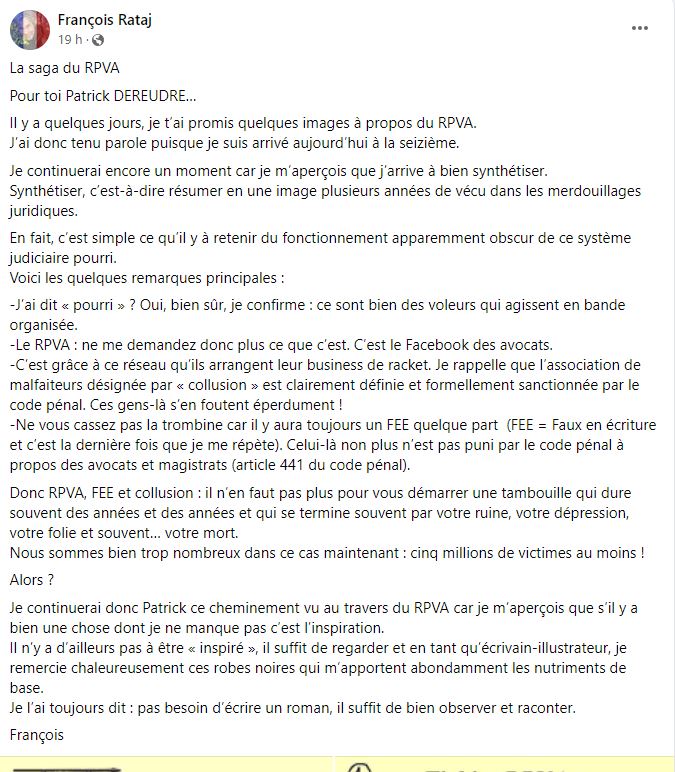 La profession d'avocat doit disparaître ! de François RATAJ site Patrick DEREUDRE  www.stopcorruptionstop.fr  www.jesuisvictime.fr  www.jesuispatrick.fr PARJURE & CORRUPTION à très Grande Echelle au Coeur même de la JUSTICE & REPUBLIQUE