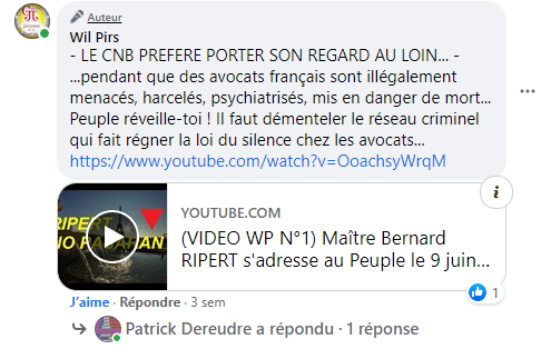 Facebook WIL PIRS Maître Wildfried PARIS AVOCAT DISSISENT Menacé de mort en FRANCE www.jesuispatrick.fr ALERTE ROUGE www.alerterouge-france.fr