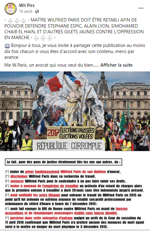 Facebook WIL PIRS Maître Wildfried PARIS AVOCAT DISSISENT Menacé de mort en FRANCE www.jesuispatrick.fr ALERTE ROUGE www.alerterouge-france.fr