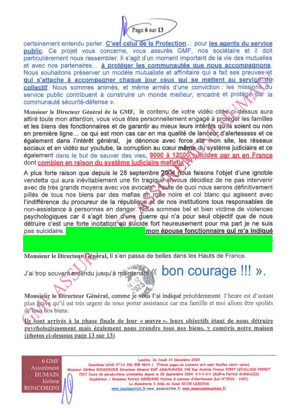 7d)NON ASSISTANCE A PERSONNES EN DANGER 6 sur 13 GMF ASSURANCES ASSURÉMENT HUMAIN !!! NON ASSISTANCE A PERSONNES EN DANGER Ma 2ème LRAR du 14 Décembre 2023 adressée en vain  à Monsieur Eric RONCORONI le Directeur Général de GMF ASSURANCES