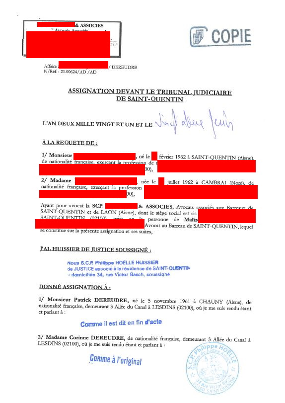 Affaires mes chers voisins Assignation par Huissier de Justice le 22 Juin 2021 au TGI de Saint-Quentin #StopVendetta #StopFauxEnEcrituresPubliques "#StopFalsifications #StopTorturesMentales w.jenesuispasunchien.fr www.jesuisvictime.fr www.Jesuispatrick.fr