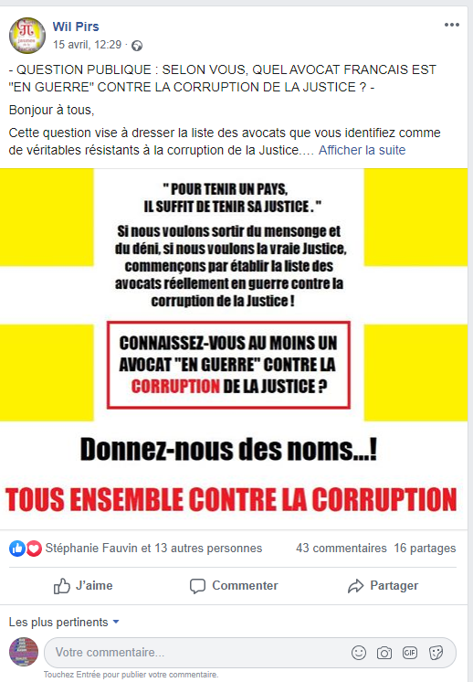 Facebook WIL PIRS Maître Wildfried PARIS AVOCAT DISSISENT Menacé de mort en FRANCE www.jesuispatrick.fr ALERTE ROUGE www.alerterouge-france.fr