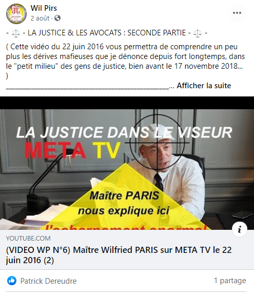 Facebook WIL PIRS Maître Wildfried PARIS AVOCAT DISSISENT Menacé de mort en FRANCE www.jesuispatrick.fr ALERTE ROUGE www.alerterouge-france.fr