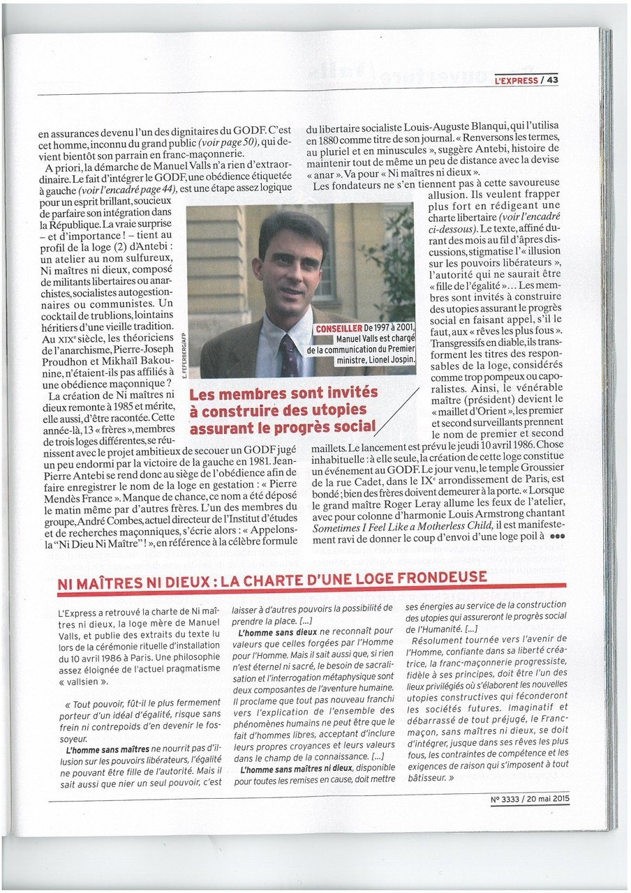 L'EXPRESS N°3333 du 20 au 26 mai 2015 Un Franc-Maçon nommé VALLS Page 42   voir site www.maisonnonconforme.fr