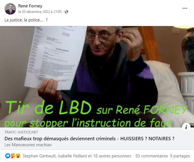 Monsieur René FORNEY Victime d'une tentative d'assassinat le Samedi 12 Novembre 2022 vers 15h50 sur le pont de CATANE côté SEYSSINET (38170). Il accuse les Milieux de la Corruption dans les Institutions du CARTEL GRENOBLOIS  (Justice, Police, Immobilier) 