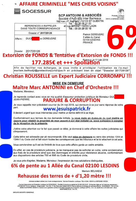 Pièce N°6c) Page 061sur134 AFFAIRE CRIMINELLE «MES CHERS VOISINS» SIGNIFICATION DE JUGEMENT, Violences, Extorsion de Fonds, Tentative Extorsion de Fonds, Maître Marc ANTONINI à l'œuvre et ce avec la bénédiction de nos Institutions www.jesuispatrick.fr