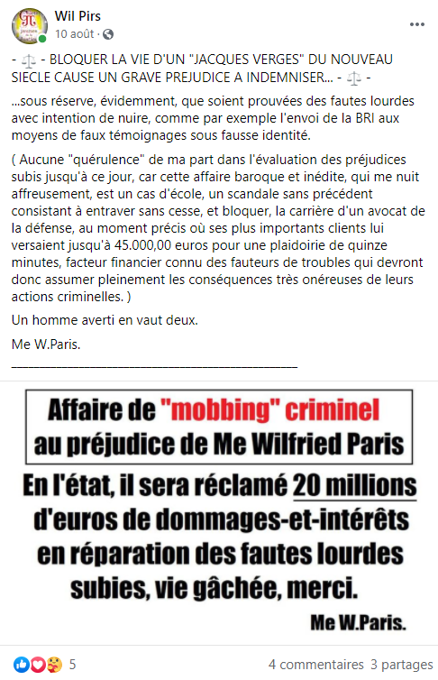 Facebook WIL PIRS Maître Wildfried PARIS AVOCAT DISSISENT Menacé de mort en FRANCE www.jesuispatrick.fr ALERTE ROUGE www.alerterouge-france.fr