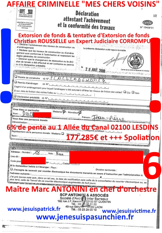 Pièce N°6c) Page 024sur134 AFFAIRE CRIMINELLE «MES CHERS VOISINS» SIGNIFICATION DE JUGEMENT, Violences, Extorsion de Fonds, Tentative Extorsion de Fonds, Maître Marc ANTONINI à l'œuvre et ce avec la bénédiction de nos Institutions www.jesuispatrick.fr