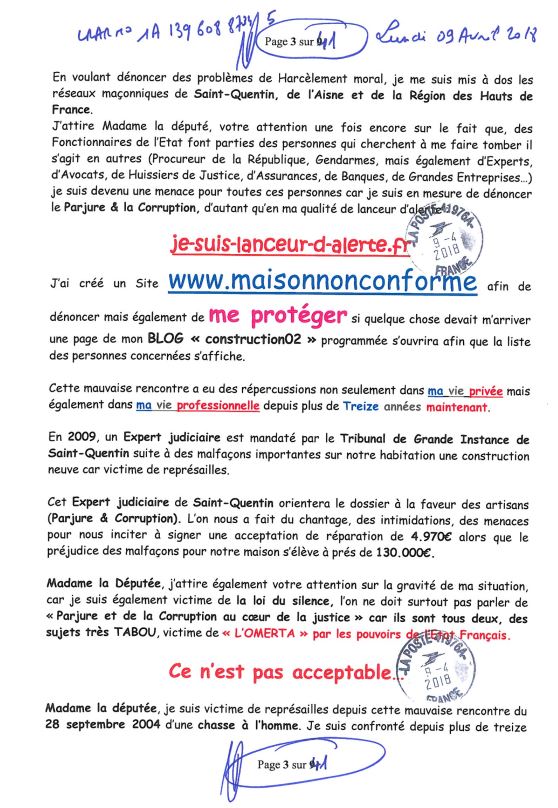 Ma lettre recommandée du 02 Octobre 2018 N° 1A 143 316 6265 3  adressée à Madame Barbara POMPILI Députée de la Somme NON ASSISTANCE A PERSONNE EN DANGER www.jesuispatrick.fr www.jesuisvictime.fr www.jenesuispasunchien.fr