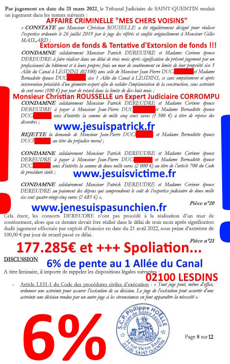 Pièce N°6c) Page 008sur134 AFFAIRE CRIMINELLE «MES CHERS VOISINS» SIGNIFICATION DE JUGEMENT, Violences, Extorsion de Fonds, Tentative Extorsion de Fonds, Maître Marc ANTONINI à l'œuvre et ce avec la bénédiction de nos Institutions www.jesuispatrick.fr