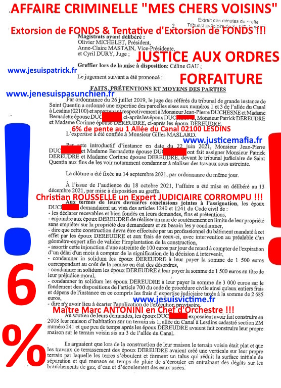 Pièce N°6c) Page 102sur134 AFFAIRE CRIMINELLE «MES CHERS VOISINS» SIGNIFICATION DE JUGEMENT, Violences, Extorsion de Fonds, Tentative Extorsion de Fonds, Maître Marc ANTONINI à l'œuvre et ce avec la bénédiction de nos Institutions www.jesuispatrick.fr