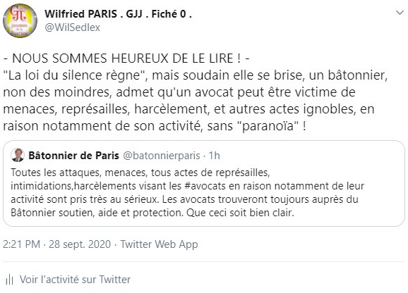 Facebook WIL PIRS Maître Wildfried PARIS AVOCAT DISSISENT Menacé de mort en FRANCE www.jesuispatrick.fr ALERTE ROUGE www.alerterouge-france.fr