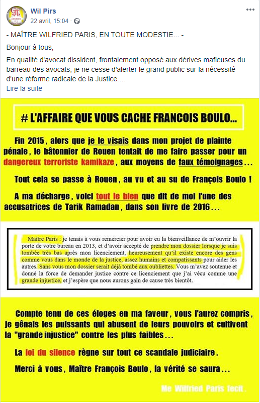 Facebook WIL PIRS Maître Wildfried PARIS AVOCAT DISSISENT Menacé de mort en FRANCE www.jesuispatrick.fr ALERTE ROUGE www.alerterouge-france.fr