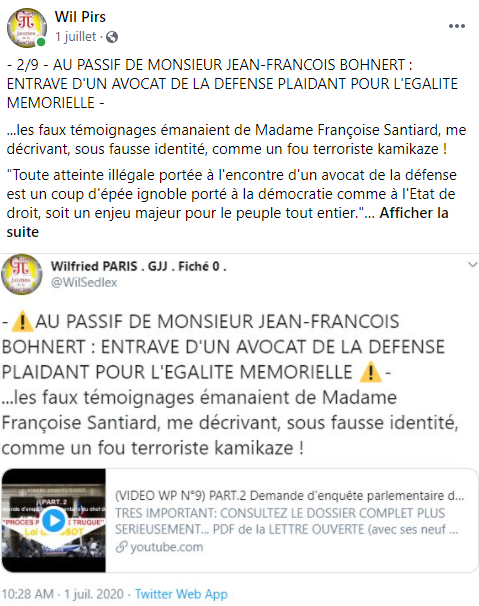 Facebook WIL PIRS Maître Wildfried PARIS AVOCAT DISSISENT Menacé de mort en FRANCE www.jesuispatrick.fr ALERTE ROUGE www.alerterouge-france.fr