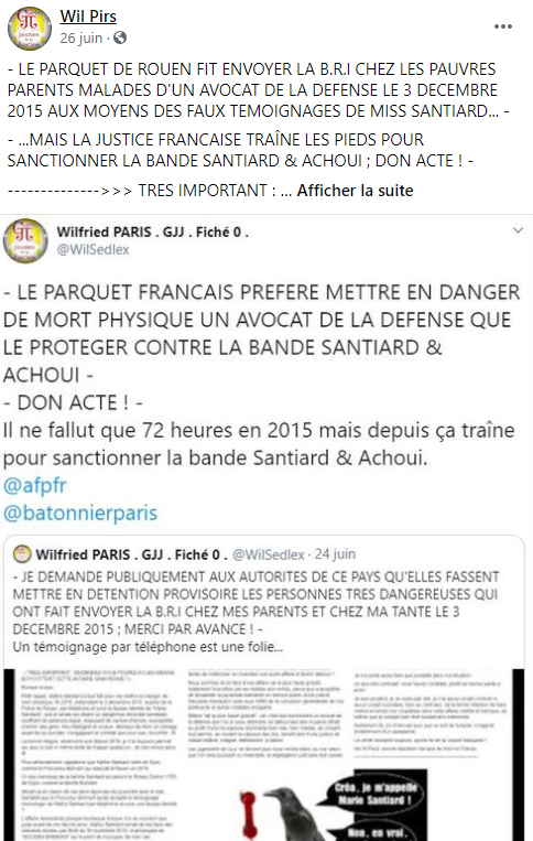 Facebook WIL PIRS Maître Wildfried PARIS AVOCAT DISSISENT Menacé de mort en FRANCE www.jesuispatrick.fr ALERTE ROUGE www.alerterouge-france.fr