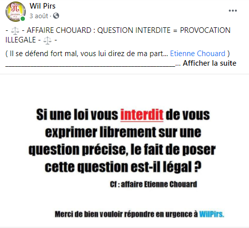 Facebook WIL PIRS Maître Wildfried PARIS AVOCAT DISSISENT Menacé de mort en FRANCE www.jesuispatrick.fr ALERTE ROUGE www.alerterouge-france.fr