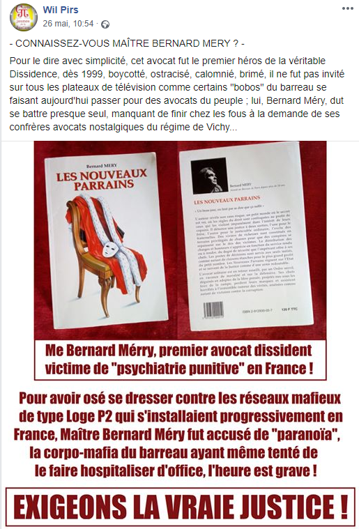 Facebook WIL PIRS Maître Wildfried PARIS AVOCAT DISSISENT Menacé de mort en FRANCE www.jesuispatrick.fr ALERTE ROUGE www.alerterouge-france.fr