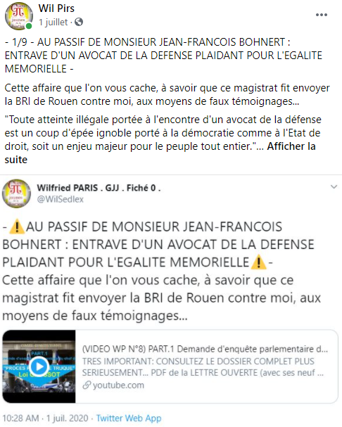 Facebook WIL PIRS Maître Wildfried PARIS AVOCAT DISSISENT Menacé de mort en FRANCE www.jesuispatrick.fr ALERTE ROUGE www.alerterouge-france.fr