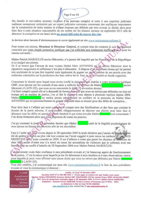 7d)NON ASSISTANCE A PERSONNES EN DANGER 3 sur 13 GMF ASSURANCES ASSURÉMENT HUMAIN !!! NON ASSISTANCE A PERSONNES EN DANGER Ma 2ème LRAR du 14 Décembre 2023 adressée en vain  à Monsieur Eric RONCORONI le Directeur Général de GMF ASSURANCES