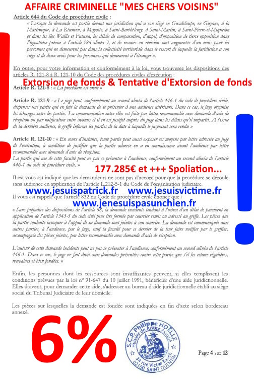 Pièce N°6c) Page 004sur134 AFFAIRE CRIMINELLE «MES CHERS VOISINS» SIGNIFICATION DE JUGEMENT, Violences, Extorsion de Fonds, Tentative Extorsion de Fonds, Maître Marc ANTONINI à l'œuvre et ce avec la bénédiction de nos Institutions www.jesuispatrick.fr